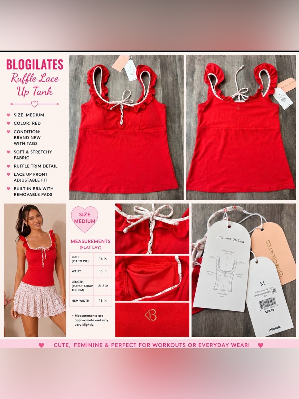 BLOGILATES Ruffle Lace Up Tank – NWT – Size Medium – Red –